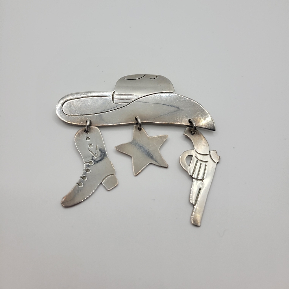 Vintage 925 Sterling Silver Taxco Mexico Large Western Cowboy Hat Pin Brooch - Picture 3 of 12